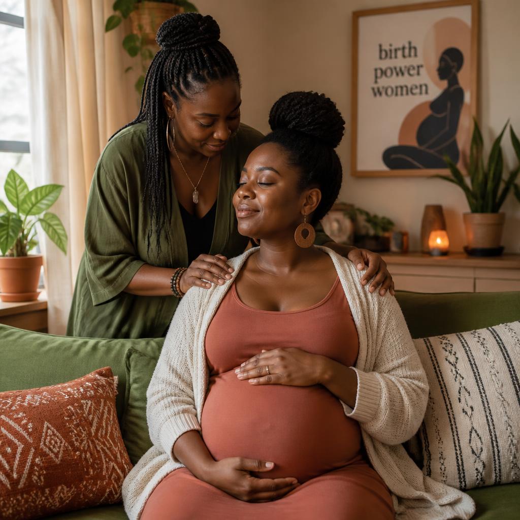 A doula resting her hands on the shoulders of a pregnant client